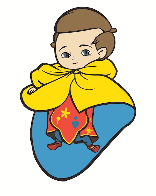 A boy in a cape with a yellow cape and a red cape.