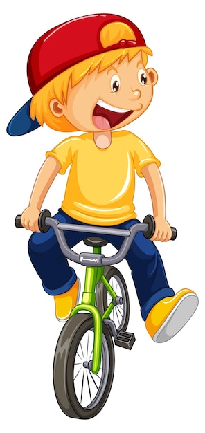 A boy cartoon character wearing cap riding a bicycle