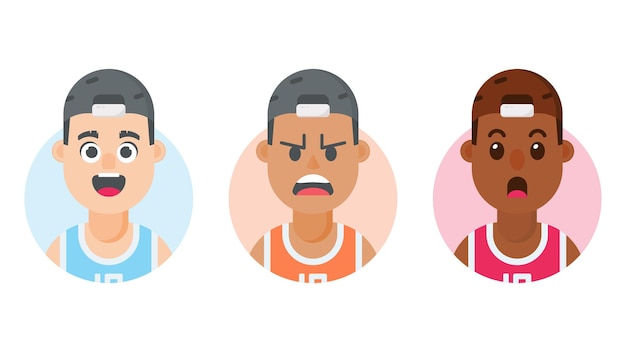 Vector boy cartoon character with facial expressions and different skin colors