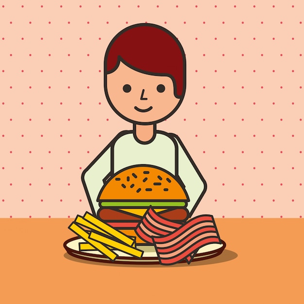 Cartone animato ragazzo mangiare hamburger pancetta e patatine fritte