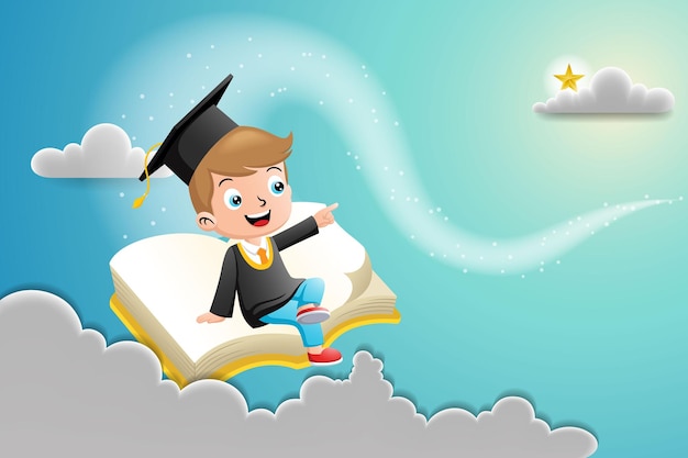 Boy cartoon in scholar costume flying on book looking for golden star