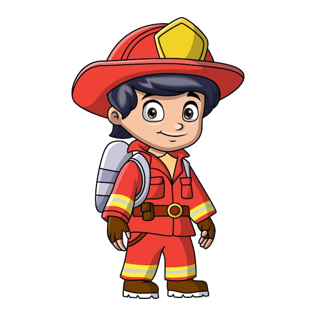 Vector boy cartoon wearing costume fire fighter