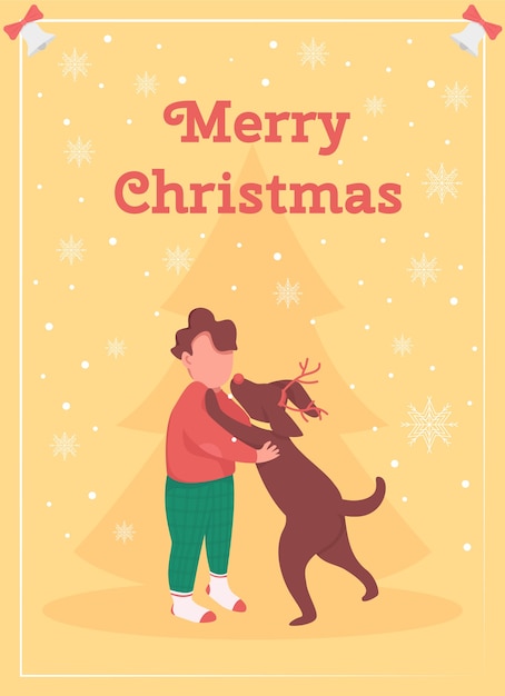 Boy celebrate Christmas greeting card flat template. Kid receive dog as gift. Puppy for child. Brochure, booklet one page concept design with cartoon characters. Winter holidays flyer, leaflet