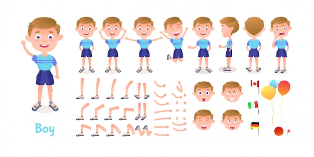 Boy character constructor. Cartoon boy creation mascot kit. Character creation set poses and emotions for animation and illustrations