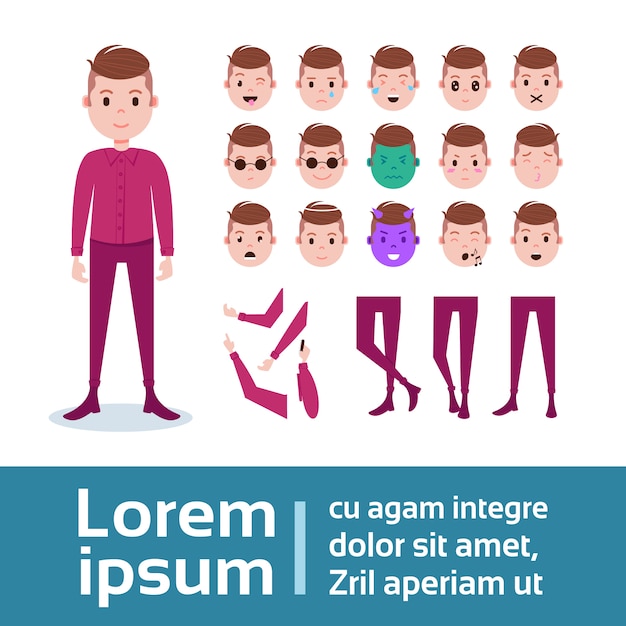 Vettore insieme del costruttore del personaggio del ragazzo di varie facce di emozione maschile, mani, gambe parti del corpo