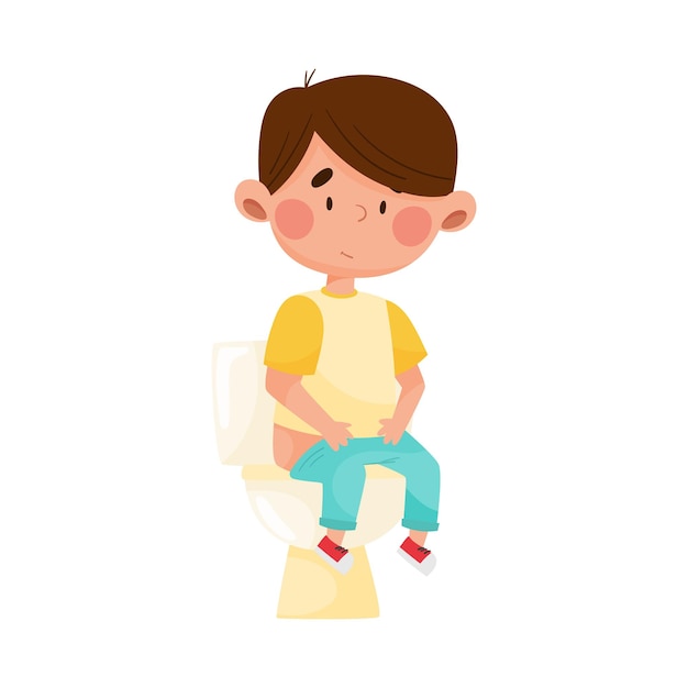 Boy Character Sitting on Toilet Bowl Vector Illustration