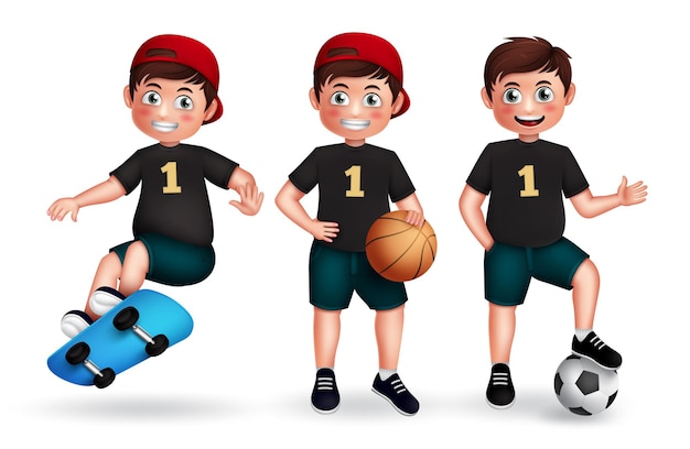 Vector boy character vector set. male 3d characters in playing basketball, baseball.