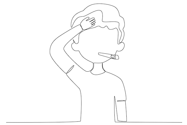 A boy checking his body temperature with his hand palm and thermometer one line art