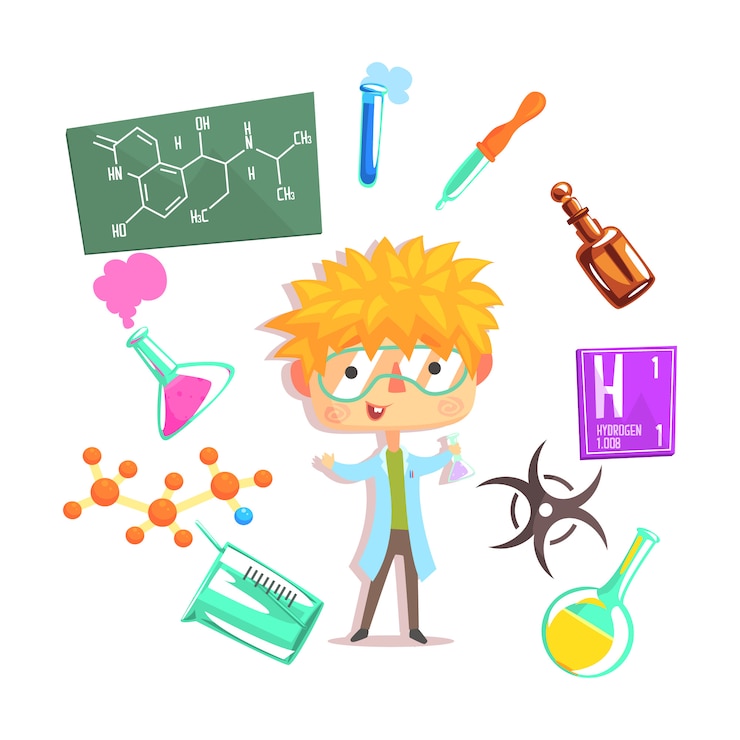 Vector boy chemist, kids future dream professional occupation illustration with related to profession objects