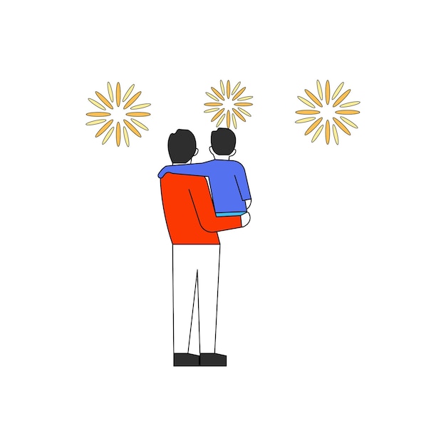 Vector boy and child watching the fireworks