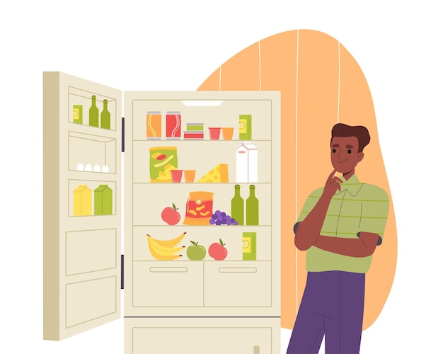 Vector boy chooses what to eat kid stands and look at fridge with vegetables and fruits hungry child in