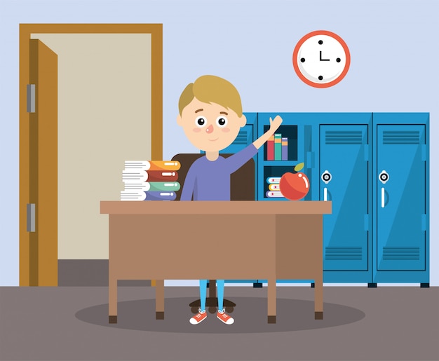 Мальчик в классе с книгами и яблоко с письменным столом