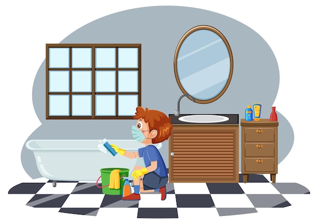 A boy cleaning bathroom