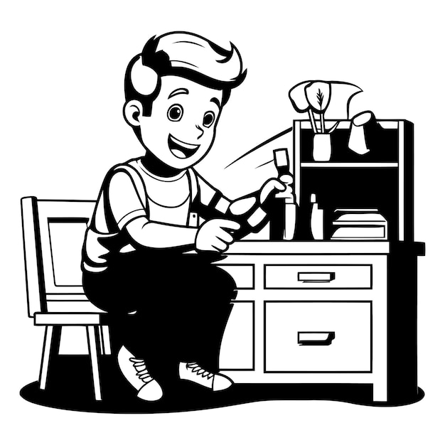 Boy cleaning furniture at home Black and white vector illustration for coloring book