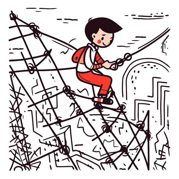 Vettore ragazzo che si arrampica su una scala di corda in stile cartone animato