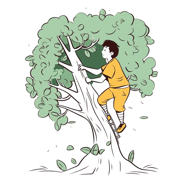 Vector boy climbing a tree of a child climbing a tree