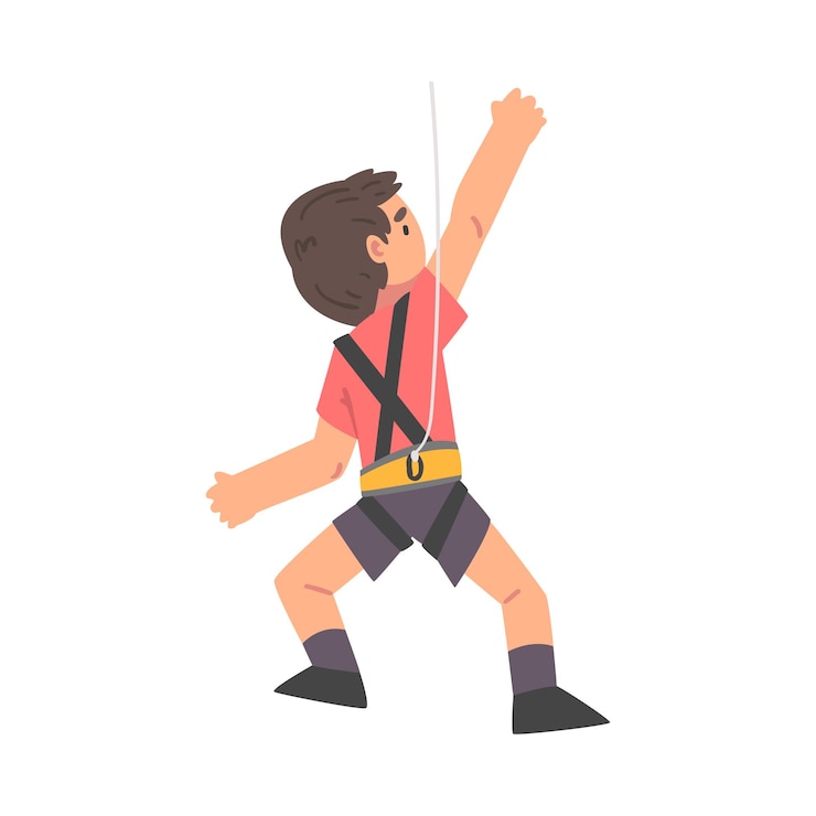 Vector boy climbing wall with ropes back view of kid climber character practicing extreme sport or having fun in adventure park cartoon style vector illustration