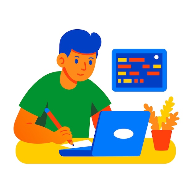 boy coding on laptop flat character icon