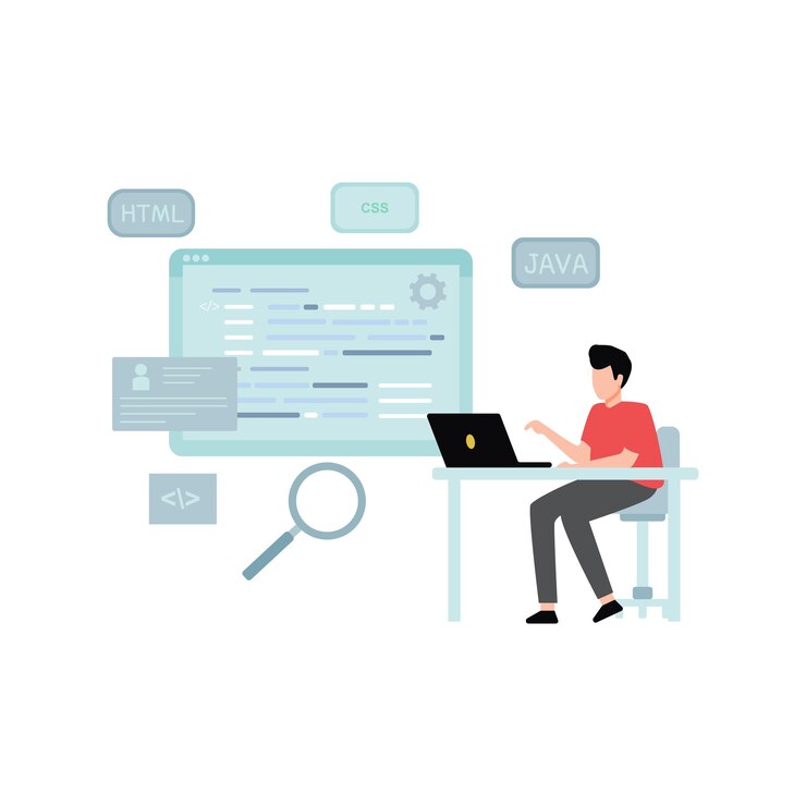 Vector boy coding on laptop