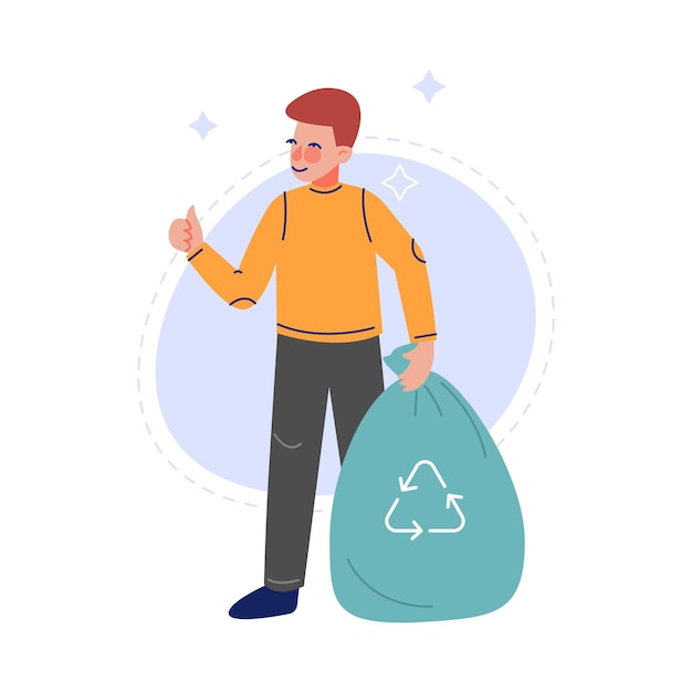 Boy Collecting Waste into Garbage Bag Volunteer Saving and Protecting the Environment from Pollution Vector Illustration