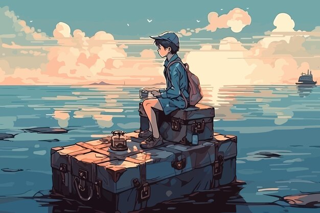 Boy color boy in the middle of the ocean Vector illustration