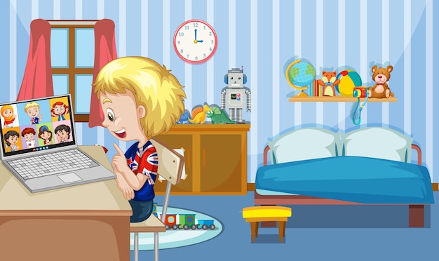 Vector a boy communicate video conference with friends in bedroom scene