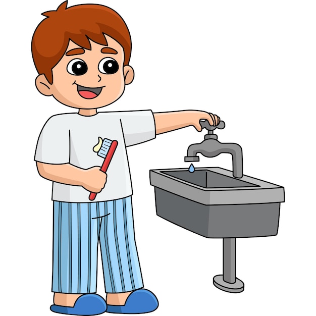 Мальчик экономит воду мультяшный цветной клипарт