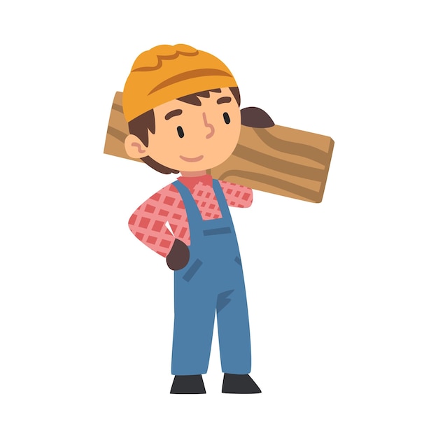 벡터 boy construction worker carrying wooden plank cute little builder character wearing blue overalls and hard hat with construction tool cartoon style vector illustration