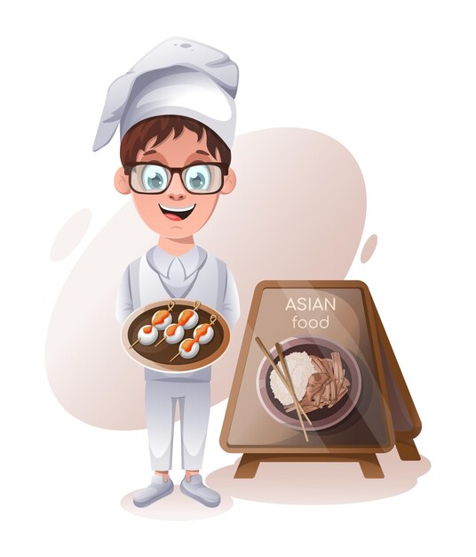 The boy cook holds a plate with an Asian dish and stands near the stand of Asian cuisine