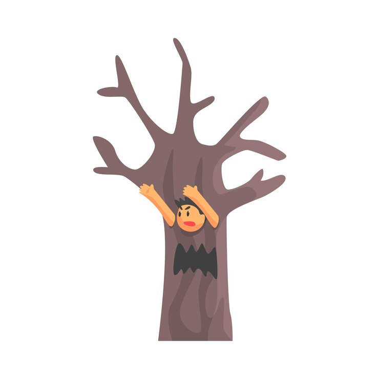 Vector boy in costume of the dead scary tree performing in theatrical show in fairytale story
