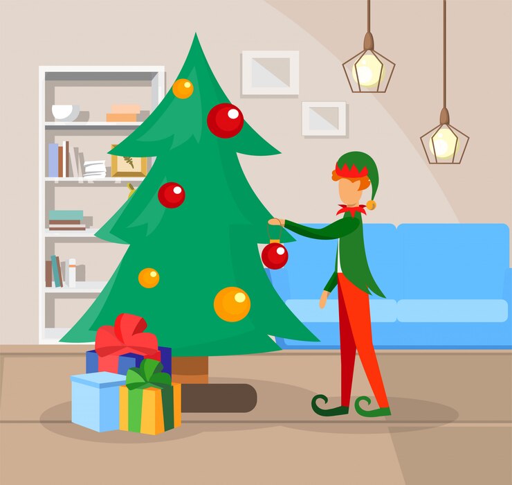 Vector boy in costume of elf decorating christmas tree.