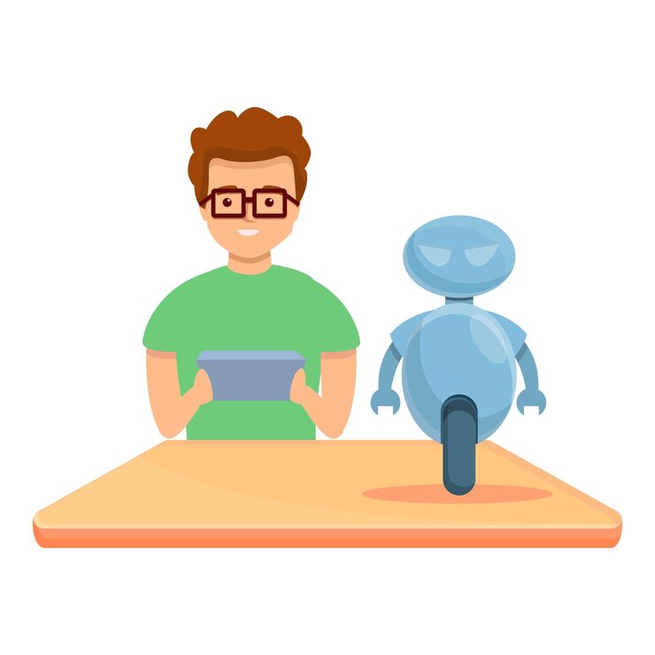 Vector boy create programming robot icon cartoon of boy create programming robot vector icon for web design isolated on white background