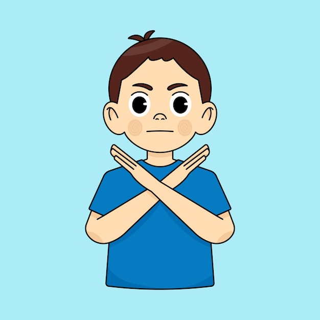 The boy crosses himself and frowns showing a stop gesture