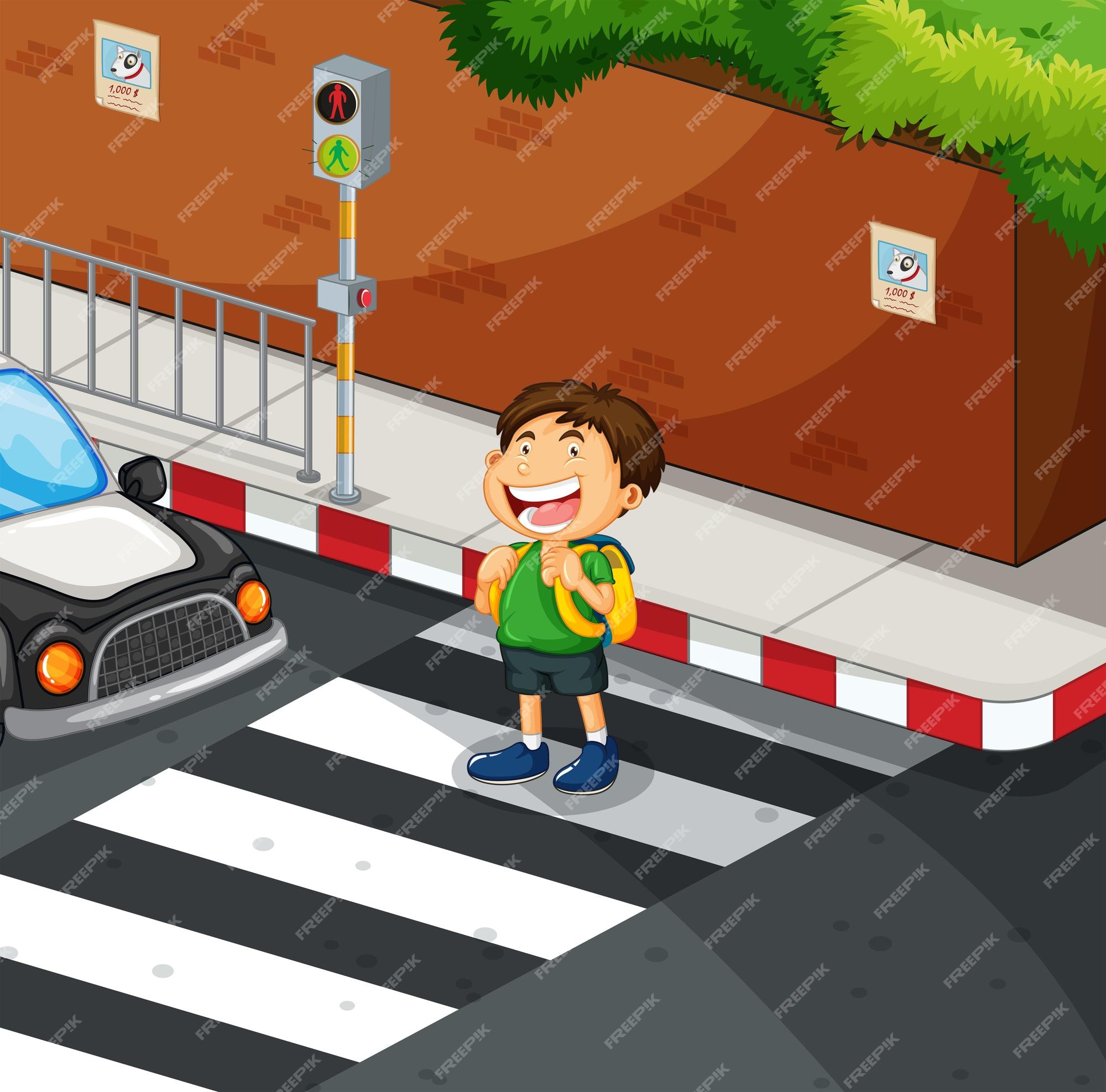 Premium Vector  Boy crossing the road at zebra crossing