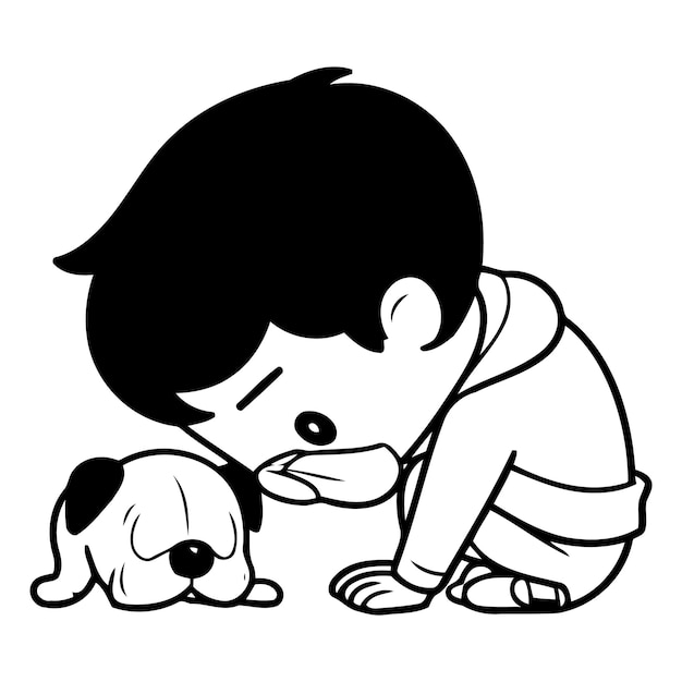 ベクトル 飼い犬と一緒に泣いている少年 カラフルな漫画のベクトルイラスト