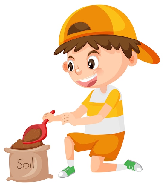 Boy digging the soil on white background