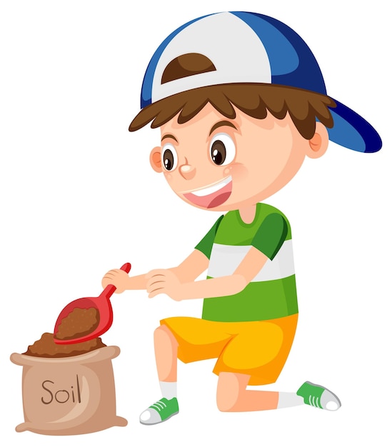 Boy digging the soil on white background