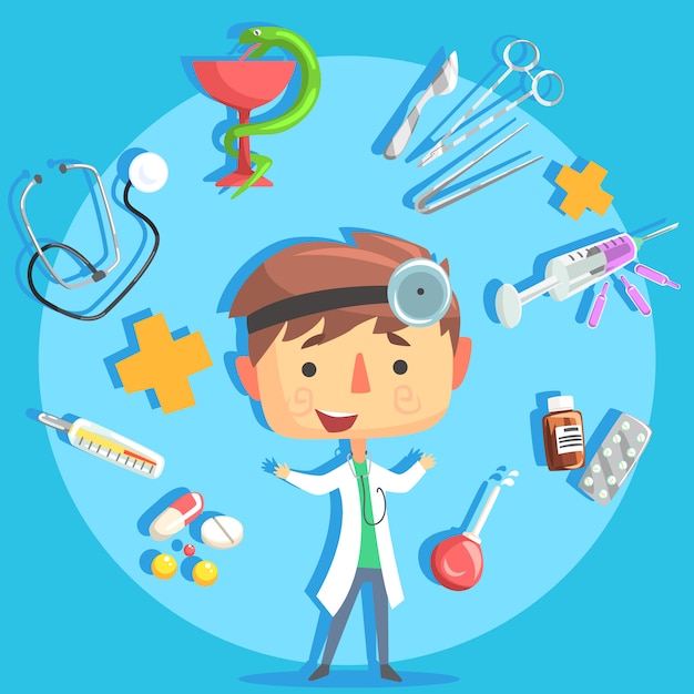 Boy Doctor, Kids Future Dream Professional Occupation Illustration With Related To Profession Objects