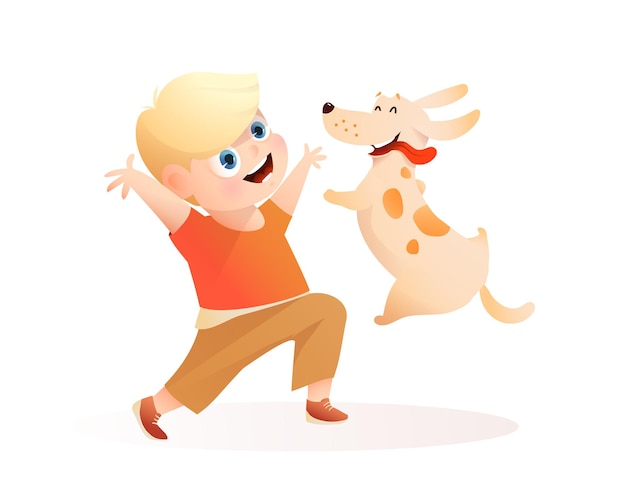 Boy and dog best friends playing together puppy jumping into owner hands Kid and puppy cartoon
