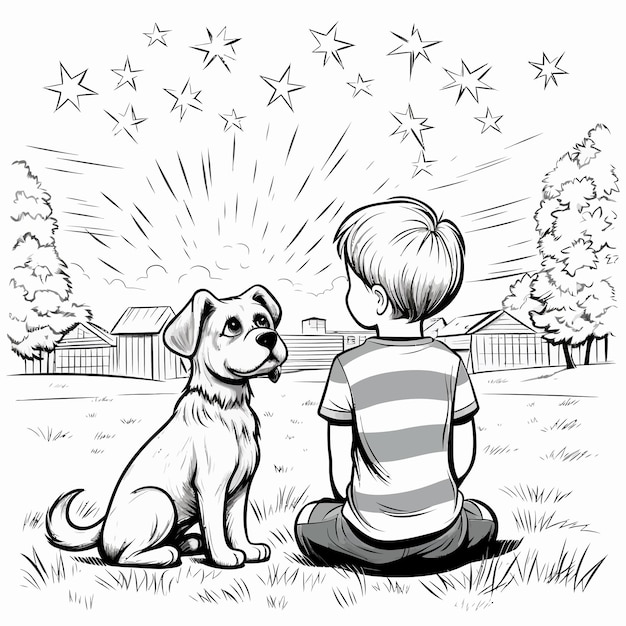 Vector boy_dog_watching_fireworks_coloring