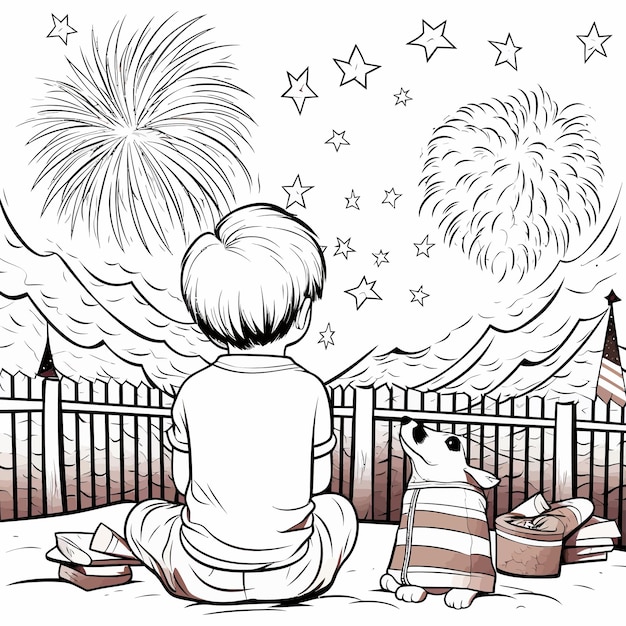 Boy_dog_watching_fireworks_coloring (ボーイ・ドッグ・ウォッチング・ファイアワーク)