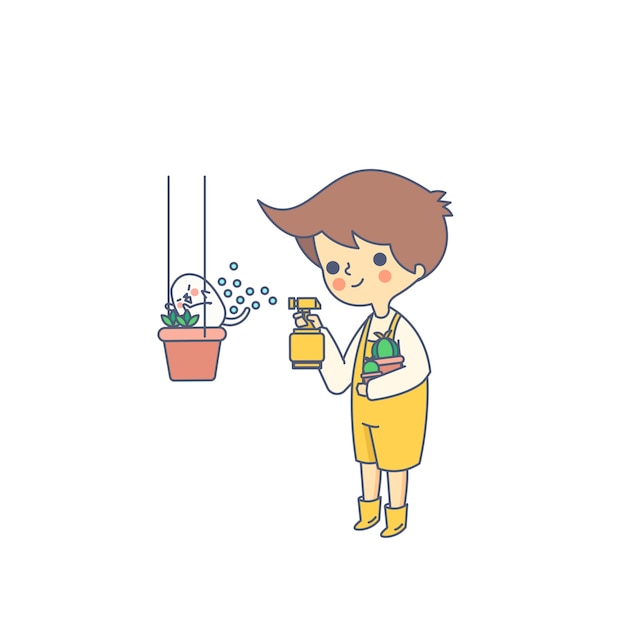 Boy and dog watering a flower vector illustration