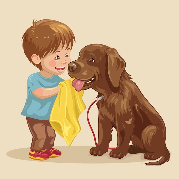 a boy and a dog with a yellow towel next to them