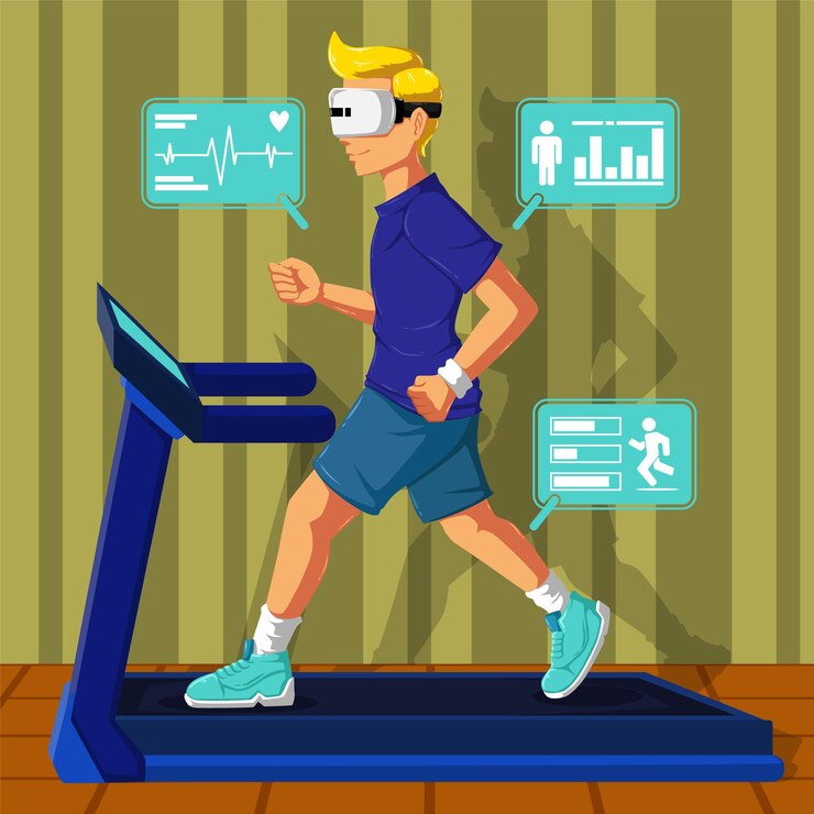 Vector boy doing virtual running at home