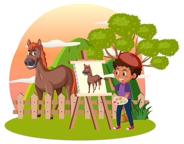 Vector a boy drawing on canvas with horse