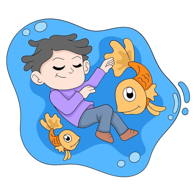 Boy dream with a lot of fish in the ocean doodle icon image kawaii