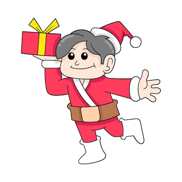 Il ragazzo vestito di babbo natale porta regali per condividere l'immagine dell'icona doodle kawaii