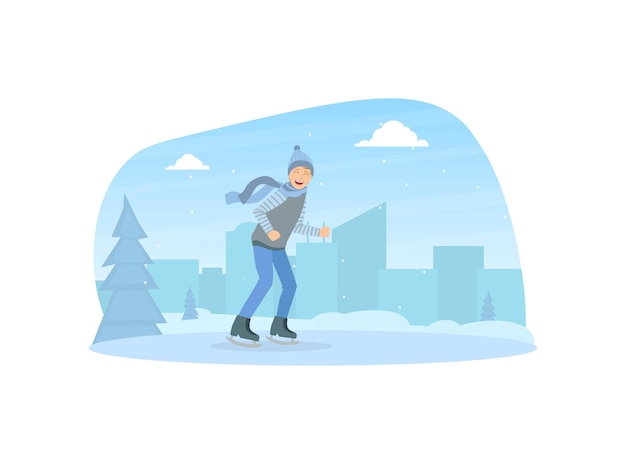 Boy Dressed in Warm Clothing Skating on Rink Winter Sports Outdoor Activity Vector Illustration