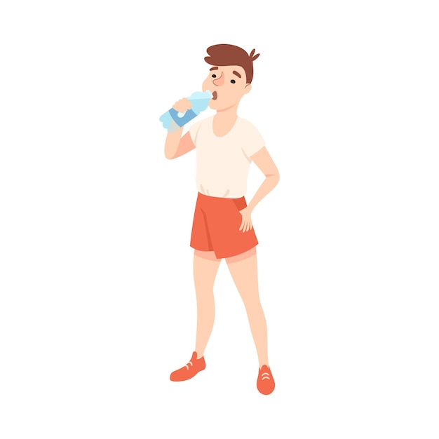 boy drinking clean water from plastic bottle teenager in shorts quenching thirst healthy lifestyle concept cartoon style vector illustration