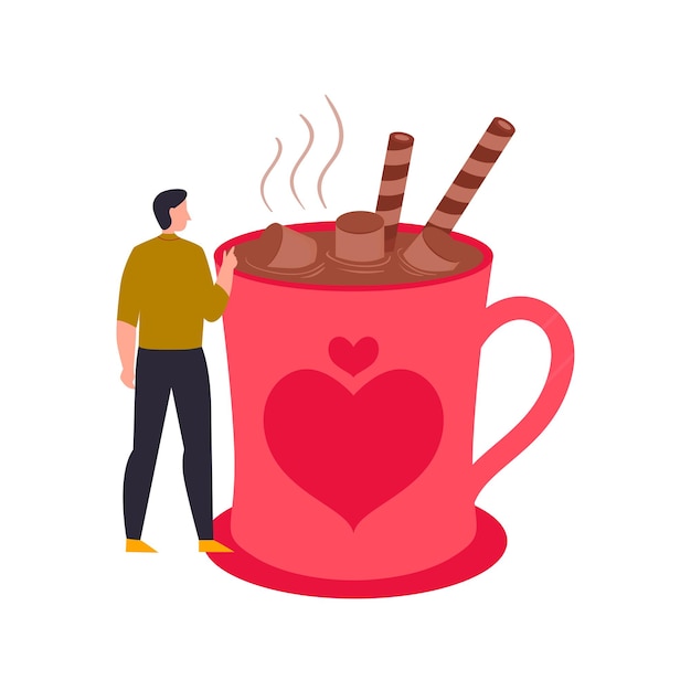 Vector boy drinking hot chocolate coffee